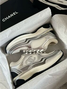 CHANEL White and Silver CC Logo Mesh & Leather Sneakers (no box)